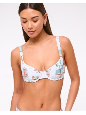 Wide strap Underwire Bikini Top in White with Pastel Print
